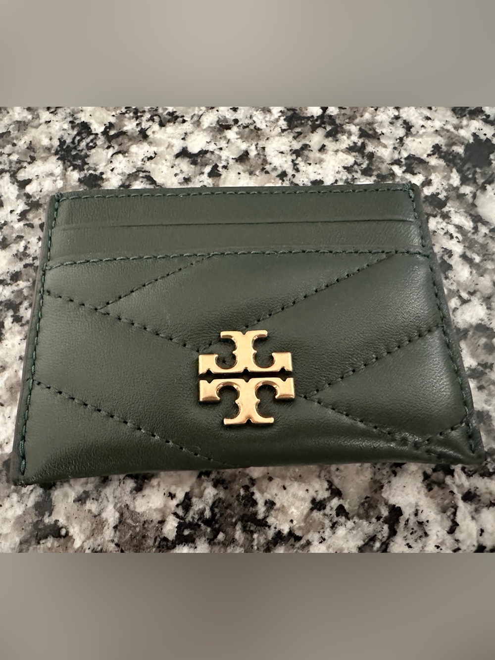 Tory Burch Kira Chevron Forest Green Quilted Leather Card Case Wallet